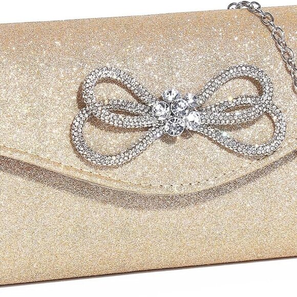 Women Evening Handbag Shiny Crystal Bow Flap Clutch Purse for Women Wedding Part - Picture 1 of 9
